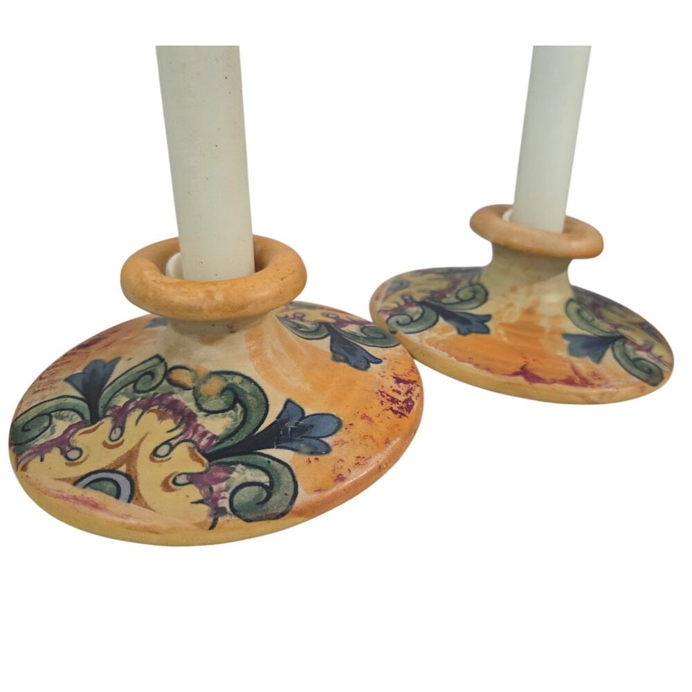 Set2 Vtg Weller Pottery Silvertone Candleholders Terracotta Floral Yellow Orange